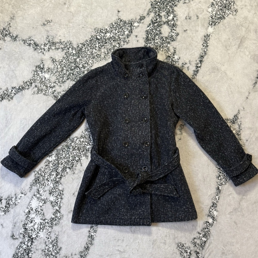 Ike Behar Coat Womens Size L Dark Gray Double Breasted Fleece Belted Long Sleeve